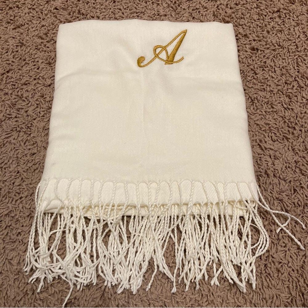 Cream scarf Gold A embroidered with Fringe Soft Thin 6ft Long NWOT